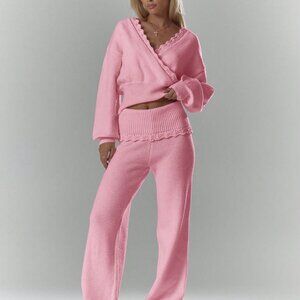 Pink Casual Women's Rib Knit Crochet Foldover Waistband Wide Leg Trousers